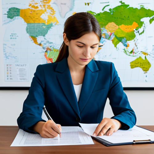 Home 24 A professional female translator in a modest business suit, sitting elegantly at a sleek, minimalist desk in a bright, modern office. She holds a document in her well-formed hands, her thoughtful expression conveying deep understanding. A subtle, artistic global map with intertwined language symbols is visible in the background, symbolizing cultural connection and the human touch in conveying meaning beyond mere words. The lighting is soft and professional, highlighting her dedicated work. safe for work, appropriate content, fully clothed, professional dress, modest clothing, perfect anatomy, correct proportions, natural pose, well-formed hands, proper finger count, natural body proportions, high-quality photography, studio lighting, family-friendly.**
**