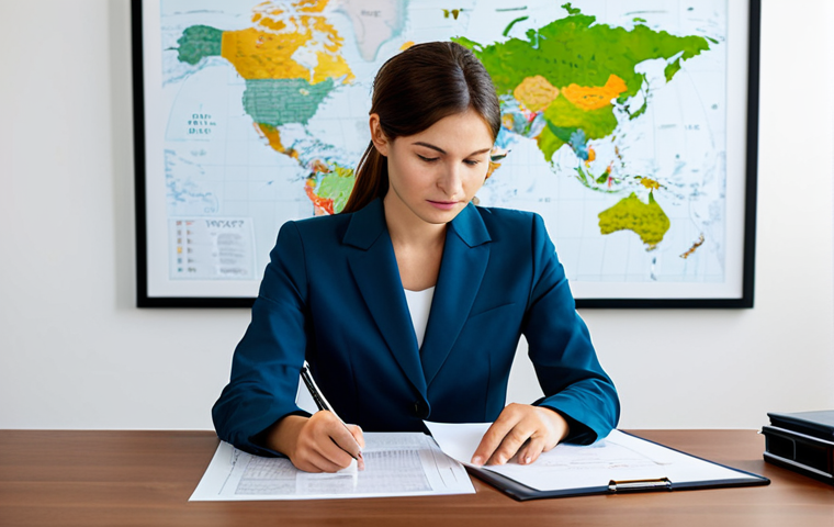A professional female translator in a modest business suit, sitting elegantly at a sleek, minimalist desk in a bright, modern office. She holds a document in her well-formed hands, her thoughtful expression conveying deep understanding. A subtle, artistic global map with intertwined language symbols is visible in the background, symbolizing cultural connection and the human touch in conveying meaning beyond mere words. The lighting is soft and professional, highlighting her dedicated work. safe for work, appropriate content, fully clothed, professional dress, modest clothing, perfect anatomy, correct proportions, natural pose, well-formed hands, proper finger count, natural body proportions, high-quality photography, studio lighting, family-friendly.**
**