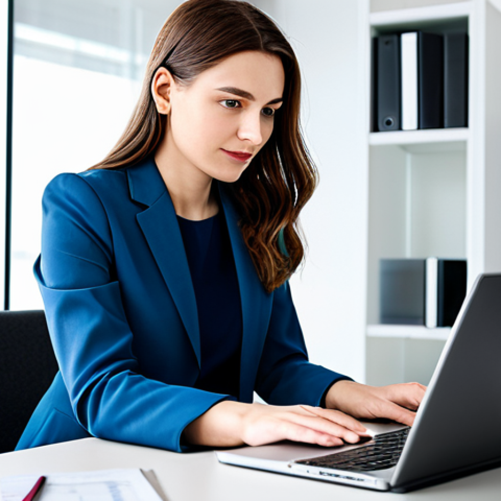 A professional translator, fully clothed in modest business casual attire, working diligently at a desk in a sleek, modern office. They are focused on a laptop screen, with subtle graphic elements suggesting advanced AI translation tools are assisting their work, emphasizing human expertise overseeing technology. The background is a clean, well-lit workspace with contemporary furniture. The translator displays a thoughtful, intelligent expression, representing problem-solving and deep understanding of cultural context. perfect anatomy, correct proportions, natural pose, well-formed hands, proper finger count, natural body proportions, professional photography, high quality, safe for work, appropriate content, family-friendly, professional dress.