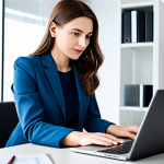 A professional translator, fully clothed in modest business casual attire, working diligently at a desk in a sleek, modern office. They are focused on a laptop screen, with subtle graphic elements suggesting advanced AI translation tools are assisting their work, emphasizing human expertise overseeing technology. The background is a clean, well-lit workspace with contemporary furniture. The translator displays a thoughtful, intelligent expression, representing problem-solving and deep understanding of cultural context. perfect anatomy, correct proportions, natural pose, well-formed hands, proper finger count, natural body proportions, professional photography, high quality, safe for work, appropriate content, family-friendly, professional dress.