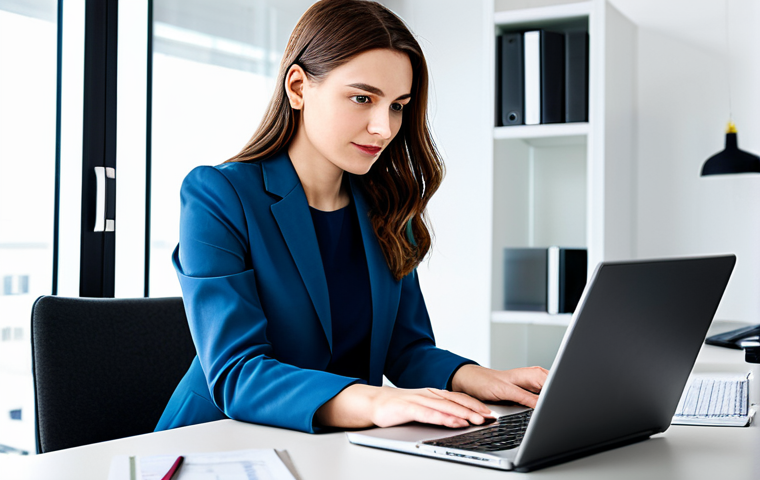 A professional translator, fully clothed in modest business casual attire, working diligently at a desk in a sleek, modern office. They are focused on a laptop screen, with subtle graphic elements suggesting advanced AI translation tools are assisting their work, emphasizing human expertise overseeing technology. The background is a clean, well-lit workspace with contemporary furniture. The translator displays a thoughtful, intelligent expression, representing problem-solving and deep understanding of cultural context. perfect anatomy, correct proportions, natural pose, well-formed hands, proper finger count, natural body proportions, professional photography, high quality, safe for work, appropriate content, family-friendly, professional dress.