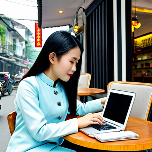 Home 22 **
"A professional Vietnamese businesswoman in a modest Ao Dai, working on a laptop at a modern cafe in Hanoi, fully clothed, appropriate attire, safe for work, perfect anatomy, natural proportions, professional photography, high quality. Background shows bustling street scene with motorbikes and pedestrians. Family-friendly."
**