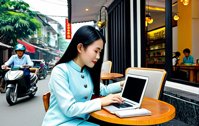 **

"A professional Vietnamese businesswoman in a modest Ao Dai, working on a laptop at a modern cafe in Hanoi, fully clothed, appropriate attire, safe for work, perfect anatomy, natural proportions, professional photography, high quality. Background shows bustling street scene with motorbikes and pedestrians. Family-friendly."

**