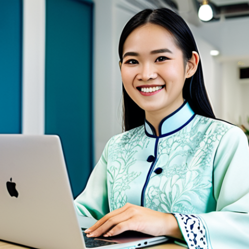 Home 11 **
A Vietnamese woman, a translator, smiling confidently while working on a laptop at a bright, modern co-working space in Ho Chi Minh City, fully clothed in a stylish Ao Dai, appropriate attire, safe for work, perfect anatomy, natural proportions, professional, modest, family-friendly.
**