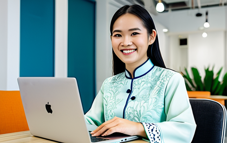 **

A Vietnamese woman, a translator, smiling confidently while working on a laptop at a bright, modern co-working space in Ho Chi Minh City, fully clothed in a stylish Ao Dai, appropriate attire, safe for work, perfect anatomy, natural proportions, professional, modest, family-friendly.

**