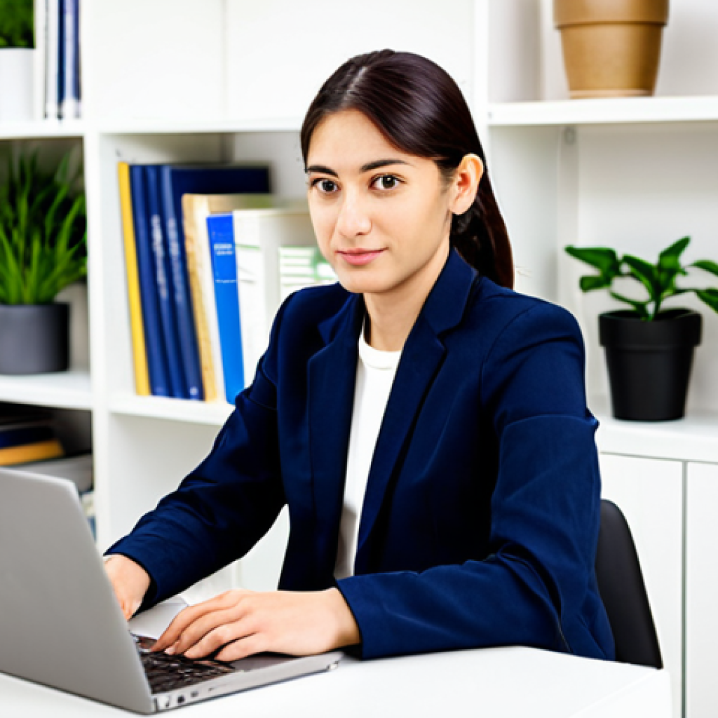 번역사 자격증 취득 후 이직 성공 사례 - Professional Translator at Work**

A young professional translator, fully clothed in a modest busine...